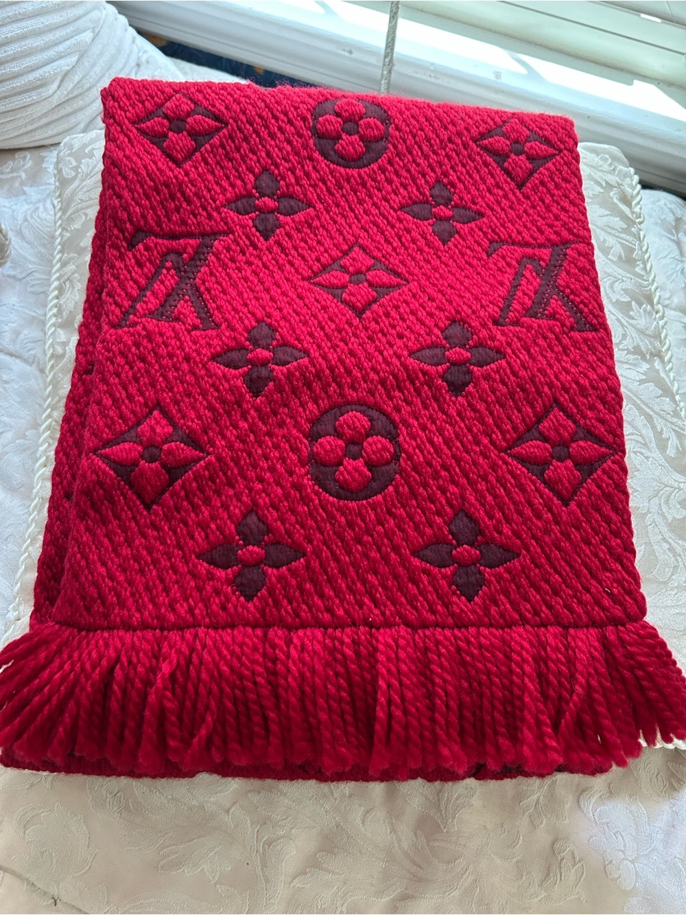 Authentic LV Red Monogram Wool & Silk Scarf or Wrap. Made in Italy w/ COA.
